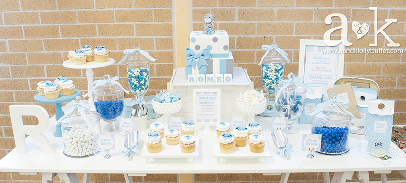Romeo’s Christening Tatty Teddy Blue, White and Grey Lolly Buffet by A&K.