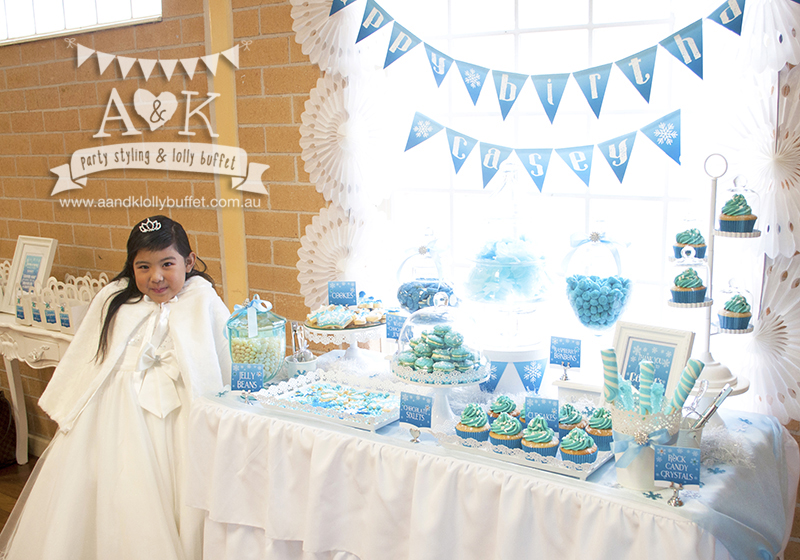Disney Frozen inspired Dessert Buffet for Casey's 7th Birthday Party. Styling and Photography by A&K 