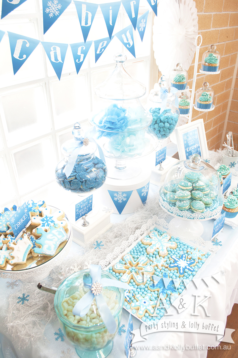 Disney Frozen inspired Dessert Buffet for Casey's 7th Birthday Party. Styling and Photography by A&K 