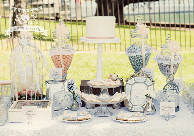 Joanne & Leo's Peach & Grey French Vintage Wedding Dessert Table by A&K. Styling & Photography by A&K.