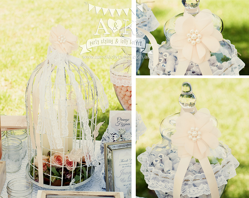 Joanne & Leo's Peach & Grey French Vintage Wedding Dessert Table by A&K. Styling & Photography by A&K.