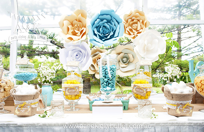 Kate & Rich's Yellow, Aqua & White Floral Rustic Wedding Lolly Buffet by A&K.