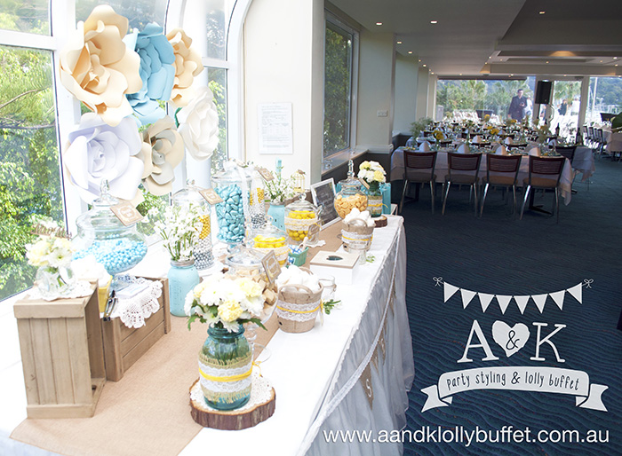 Kate & Rich's Yellow, Aqua & White Floral Rustic Wedding Lolly Buffet by A&K.