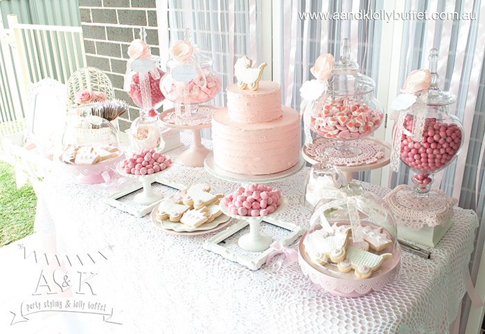 Michelle's Pretty in Pink Baby Shower dessert table by A&K.