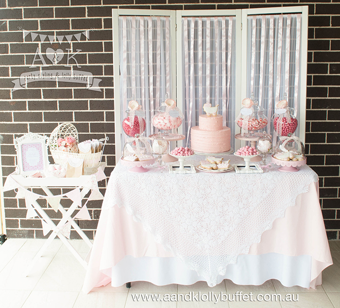 Michelle's Pretty in Pink Baby Shower dessert table by A&K.