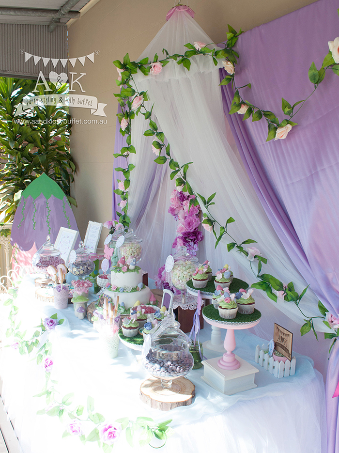Aurelia's Pink & Purple Fairy Woodland themed Birthday dessert table by A&K