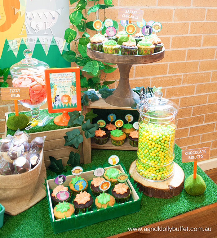 Romeo's Jungle Safari themed First Birthday Dessert Table by A&K Lolly Buffet