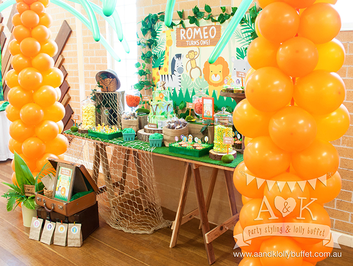 Romeo's Jungle Safari themed First Birthday Dessert Table by A&K Lolly Buffet
