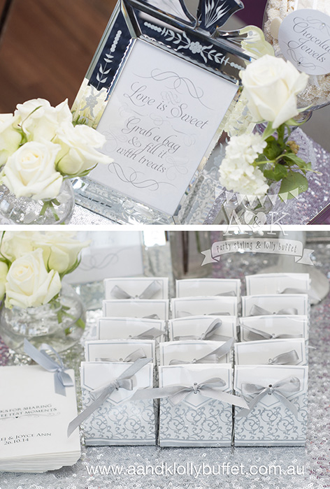 Andrej & Joyce's Elegant Silver & White Dessert Table by A&K Lolly Buffet