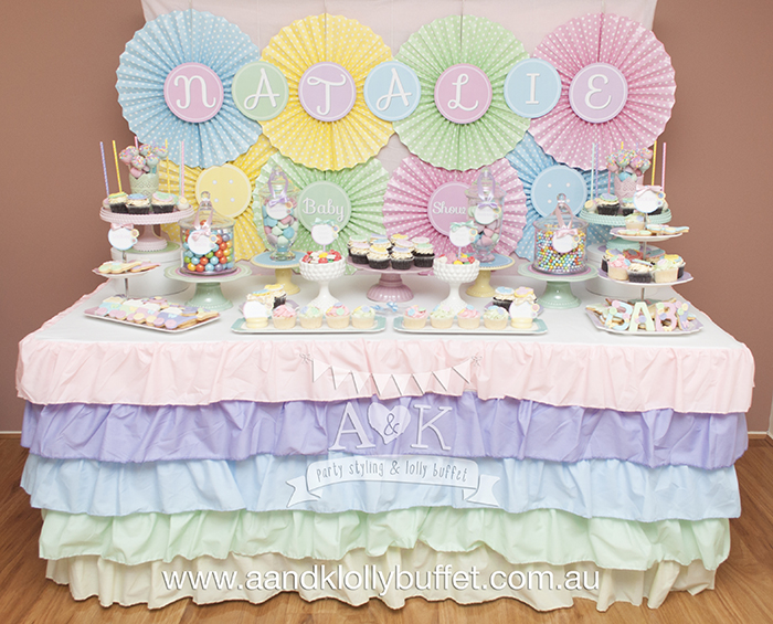 Natalie's Pastel Cute As A Button Baby Shower Dessert Table by A&K Lolly Buffet