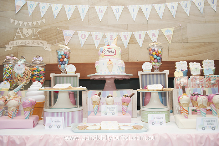Olivia's Pastel Ice Cream Themed Dessert Table by A&K Lolly Buffet