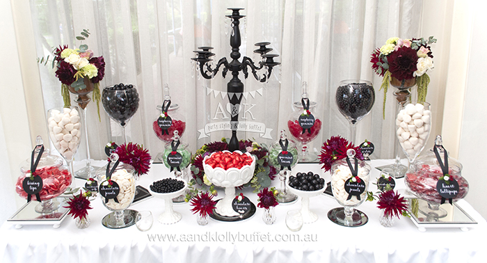 Biljana & Greg's black, white & red elegant floral lolly buffet by A&K