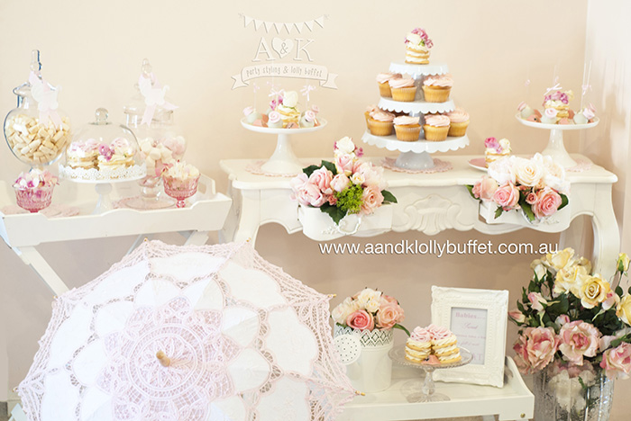 Vicky's White & Pink Floral "It's A Girl" Baby Shower dessert table by A&K Lolly Buffet