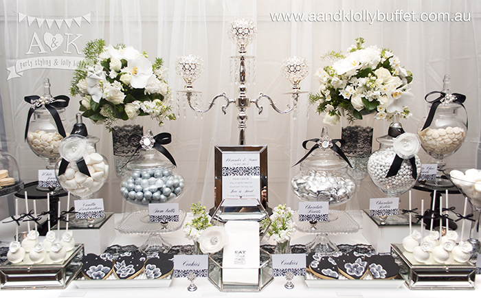 Alexander & Jamie's Black & White Lace themed wedding dessert table by A&K Lolly Buffet