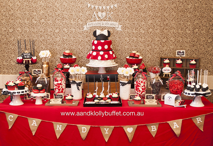 Sarah's Vintage Minnie Mouse Inspired Baby Shower dessert table by A&K Lolly Buffet