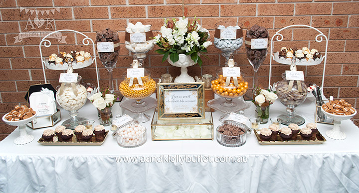 Lagi & Mikaele's Chocolate, White & Gold themed Wedding dessert table by A&K Lolly Buffet