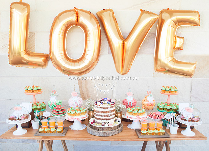 Ancella & Victor's Peach & Mint Green Floral Rustic Wedding dessert table by A&K Lolly Buffet