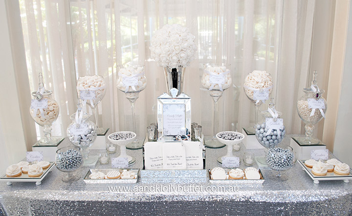 Gemma & Micheal's Elegant Silver & White Wedding dessert table by A&K Lolly Buffet