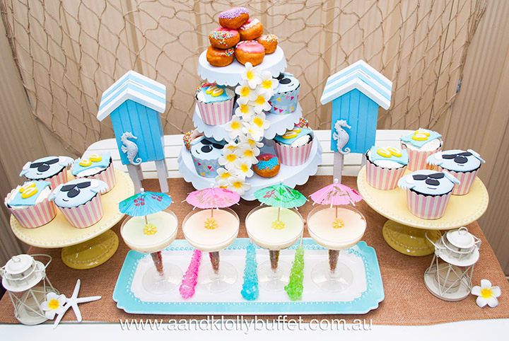 Aussie Beach Summer themed Welcome Party dessert table by A&K Lolly Buffet