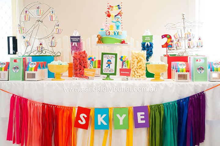 Skye's Pocoyo Rainbow Carnival themed 2nd Birthday Party dessert table by A&K Lolly Buffet