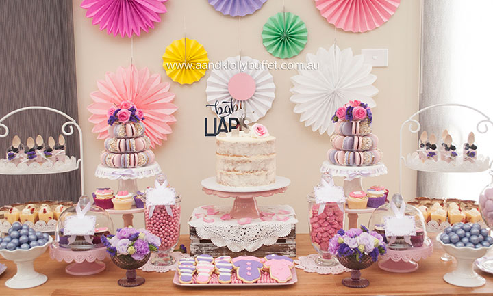 Abegaile's Pretty in Pink & Purple Baby Shower dessert table by A&K Lolly Buffet