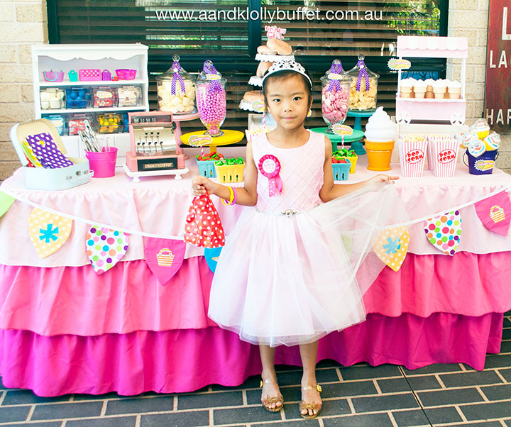 Mika's Shopkins inspired 6th Birthday dessert table by A&K Lolly Buffet