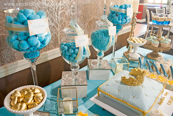 Lucas' Blue & Gold Royal Prince themed Christening Dessert Table by A&K Lolly Buffet