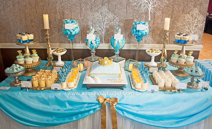 Lucas' Blue & Gold Royal Prince themed Christening Dessert Table by A&K Lolly Buffet