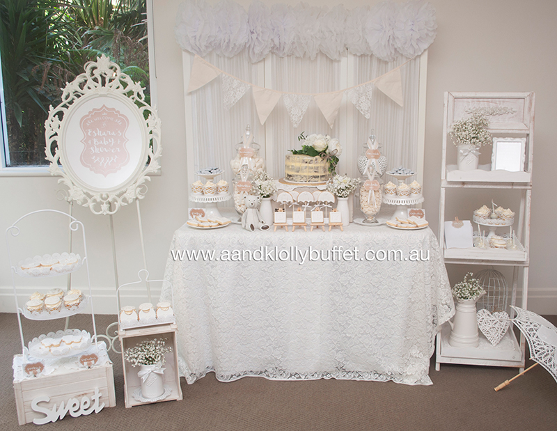  Eshara's White Shabby Chic Baby Shower dessert table by A&K Lolly Buffet
