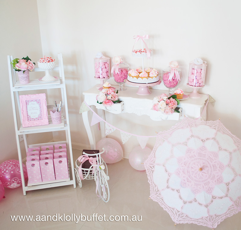 Reina's Pretty in Pastel Pink 18th Birthday dessert table by A&K Lolly Buffet