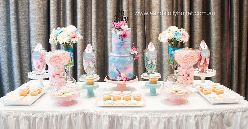 Si'i's Pink & Blue Baby Shower dessert table by A&K Lolly Buffet