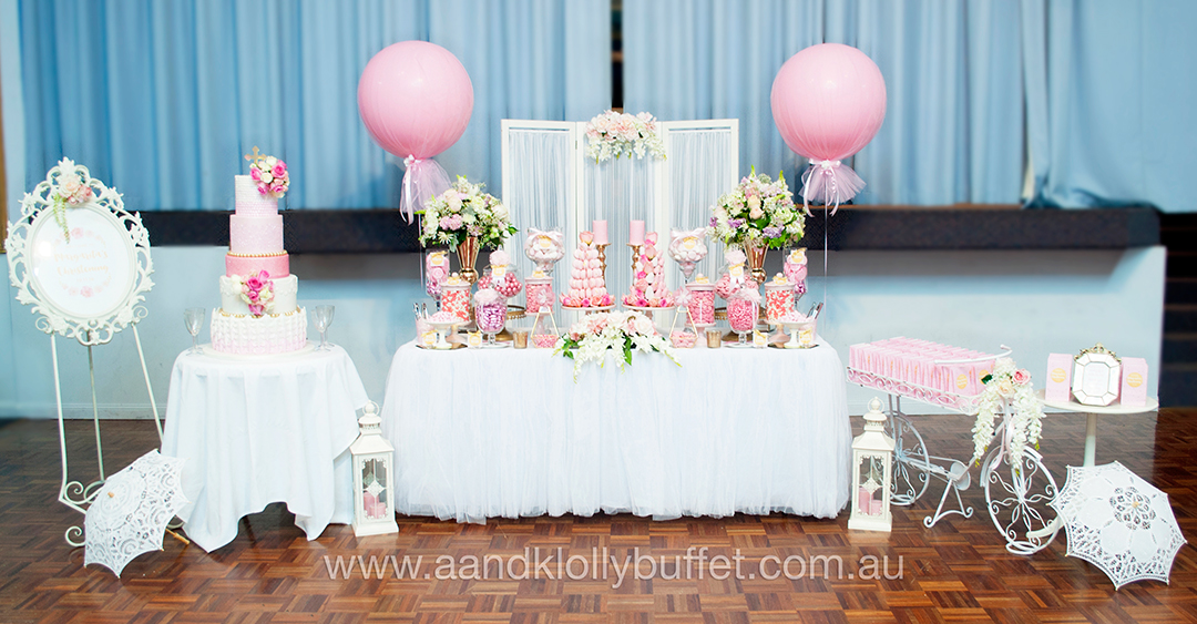 Margarita's Pink & Gold Christening dessert table by A&K Lolly Buffet