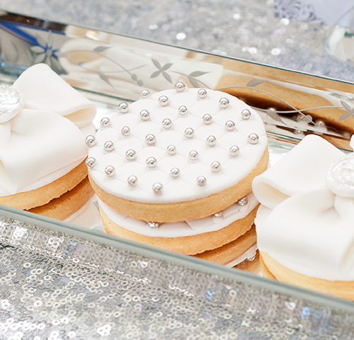 Gemma & Micheal’s Silver & White Wedding dessert table by A&K
